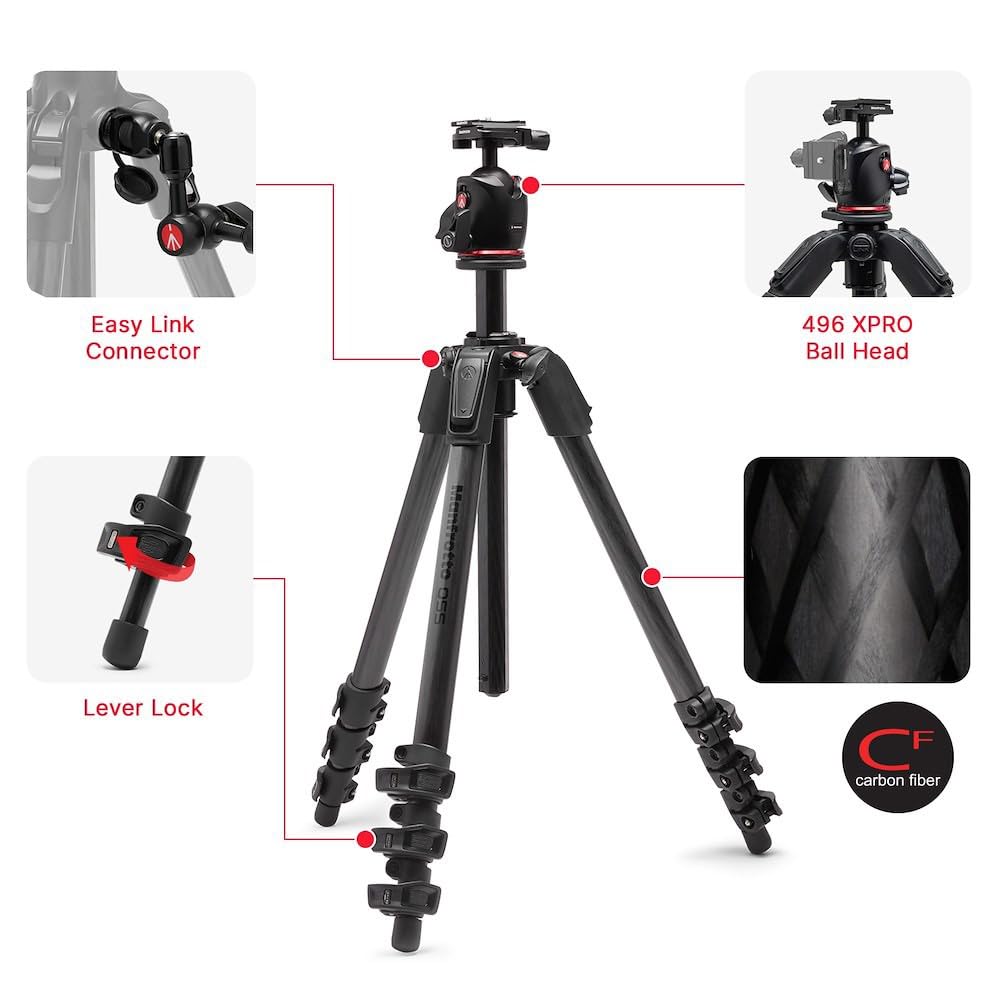 Manfrotto 055XPRO AS, Trípode para Cámara, Fibra de Carbono 4 Secciones, Kit con Rótula XPRO, Columna 90 Grados, Carga 15kg, Arca-Swiss, para DSLR/Sin Espejo, Trípode Fotográfico Profesional