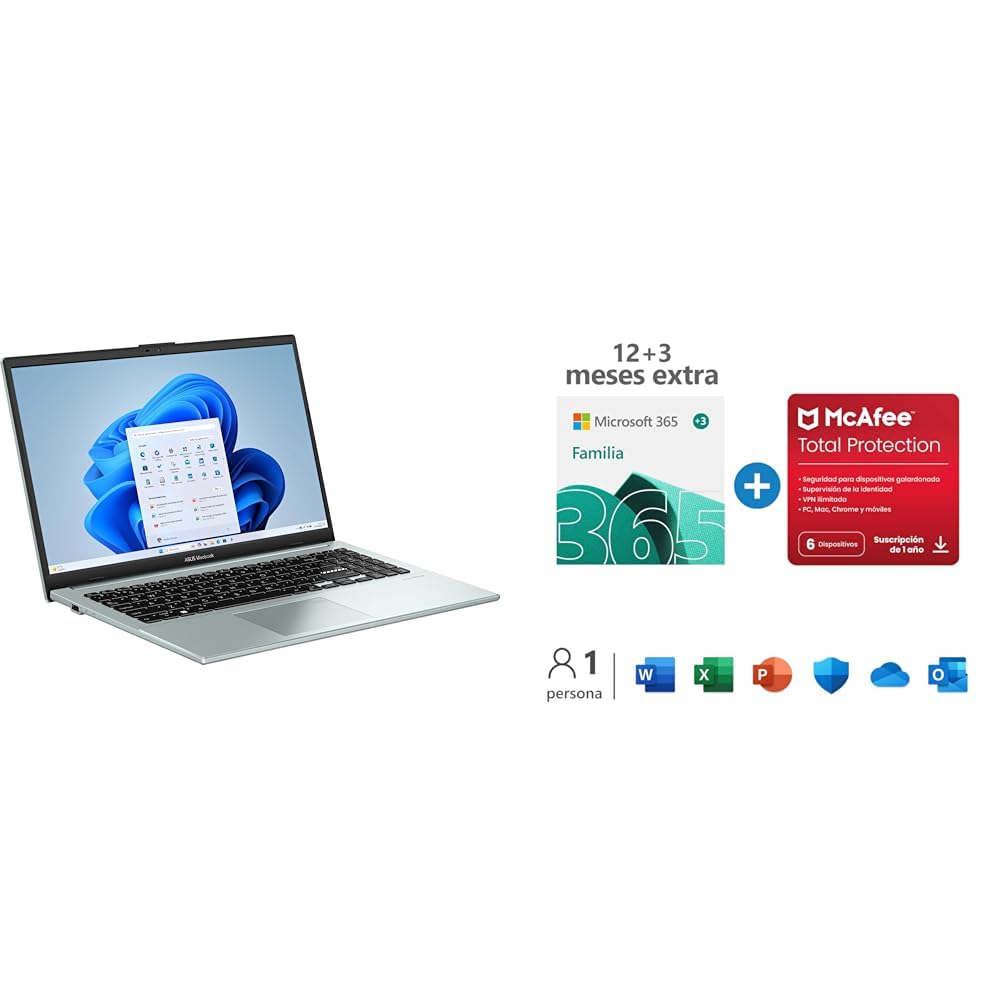 ASUS VivoBook Go 15.6" FHD, i3, 8GB RAM, 512GB SSD, Windows 11 S + Microsoft 365 Familia 15 Meses, 6 usuarios, McAfee Total Protection 12 Meses, 6 Dispositivos, PC/Mac/móvil