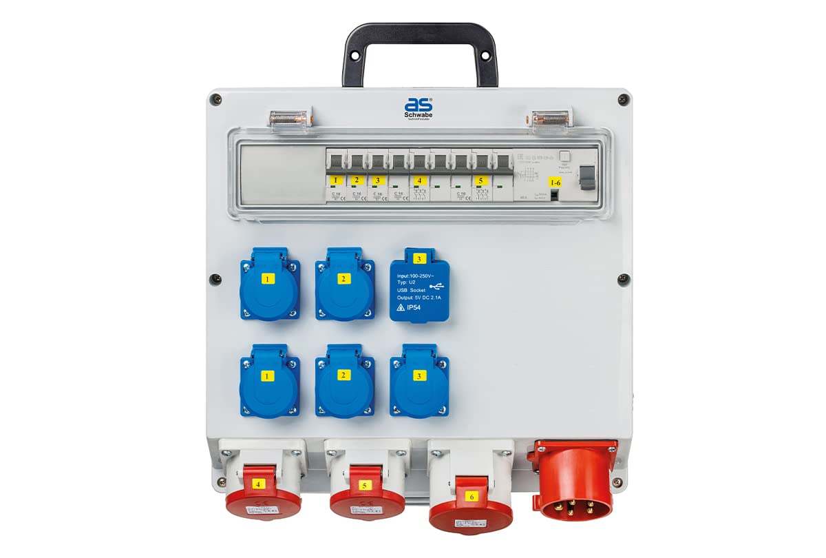 as Schwabe 61524 - Distribuidor de pared (CEE 400 V/32 A/22 kW, salida 5 Schuko, 2 CEE (400 V/16 A/5 pines), 1 CEE (400 V/32 A/5 pines), 2 x USB – Caja de distribución – IP44, 61524