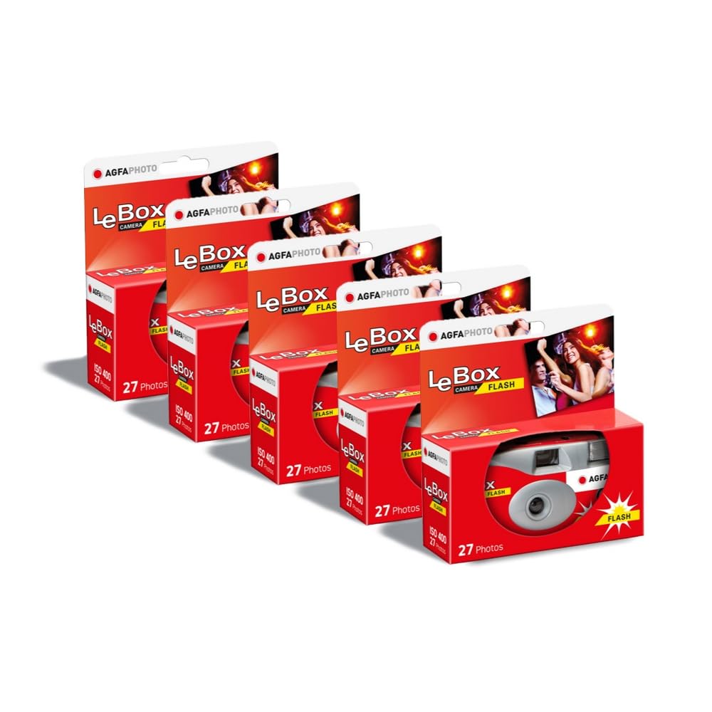 AGFA Photo 601020 - Cámara desechable LeBox Flash, 27 Fotos, Lente óptica de 31 mm, Color Gris y Rojo