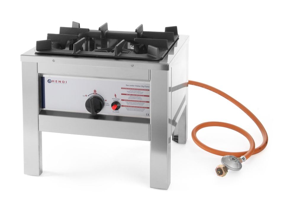 HENDI Fogón de gas, para interior y exterior, para gas propano, con termopar, encendido piezoeléctrico, aro del quemador de hierro fundido esmaltado, 6,7kW, 425x425x(H)400mm, acero inoxidable 18/0