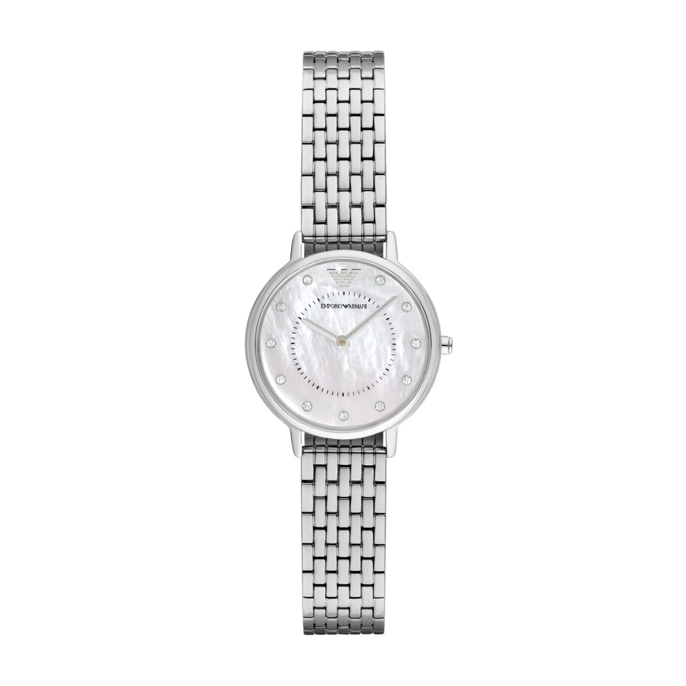 Emporio Armani Reloj Mujer, Movimiento de dos agujas, caja de acero de 28mm con correa de acero, AR2511, Tono plata y blanco perla