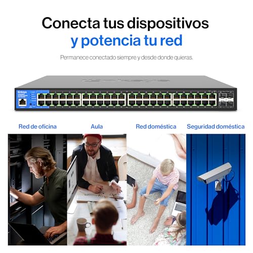 Linksys LGS352MPC-EU switch PoE+ de red Gigabit de 48 puertos a 740 W con 4 ranuras SFP+ 10G de subida, conmutador Ethernet administrado inteligente con carcasa metálica y montaje de sobremesa/pared