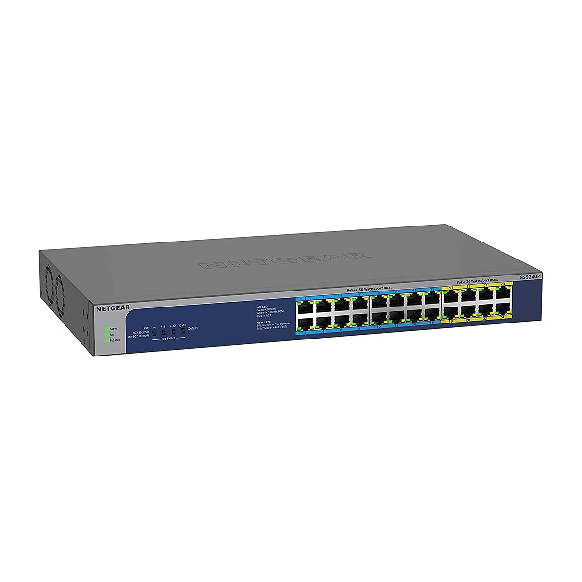 NETGEAR Switch PoE Gigabit Ethernet no gestionado de 24 puertos GS524UP - Switch de red con 8x PoE+ y 16x Ultra60 PoE++ a 480 W, Montaje de sobremesa o en bastidor, y protección limitada de por vida