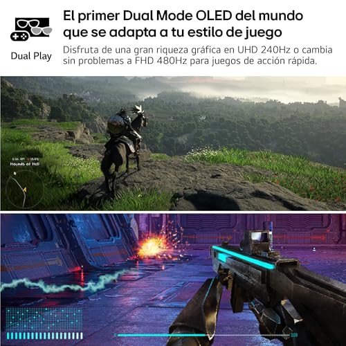 LG 32GS95UV-B.AEU - Monitor Ultragear Gaming, 32", Pantalla OLED, 3840x2160, 0,03ms, Dual Mode (240/480 Hz), G-Sync, FreeSync Premium Pro, Antideslumbrante, Curvatura Óptima, Tecnología MLA+, Negro