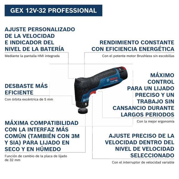 Bosch Professional 12V System lijadora orbital excéntrica a batería GEX 12V-32 (incl. plato de caucho montado con cierre por contacto de 32 mm, plato de caucho adhesivo de 32 mm)