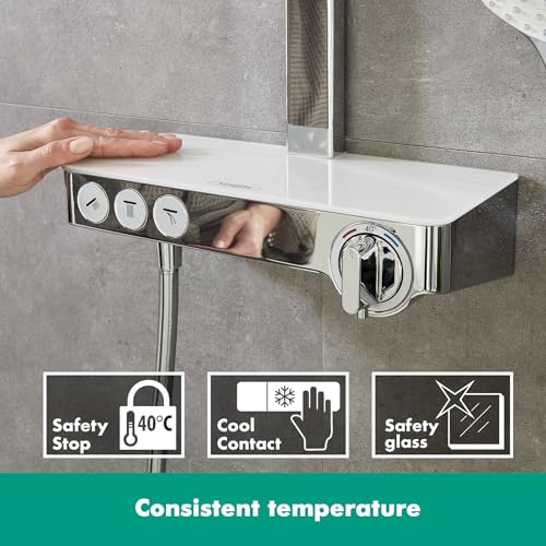 hansgrohe Raindance Select E - sistema de ducha con termostato, ducha lluvia (300 x 190mm) con grifo, ducha de mano (3 tipos de chorro), flexo, barra, ducha fija rectangular, cromo, 27127400