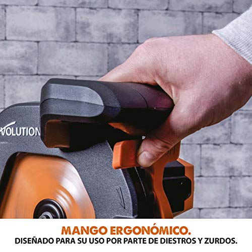 Evolution Power Tools R210SMS+ Ingletadora deslizante multimaterial de 210 mm, con paquete Plus, Corta acero dulce, aluminio, plástico, madera con clavos incrustados, 230 V