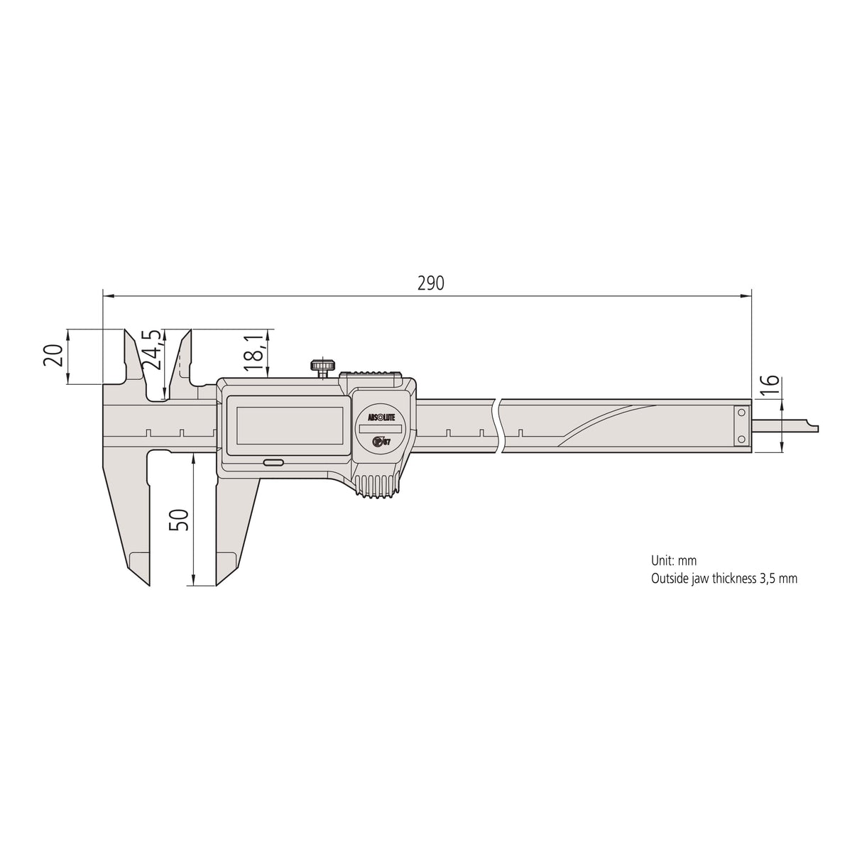 Mitutoyo – Calibre digital (salida de datos O. O. accionamiento rollo IP67 0 – 200 mm, 1 pieza, 500 – 707 – 20