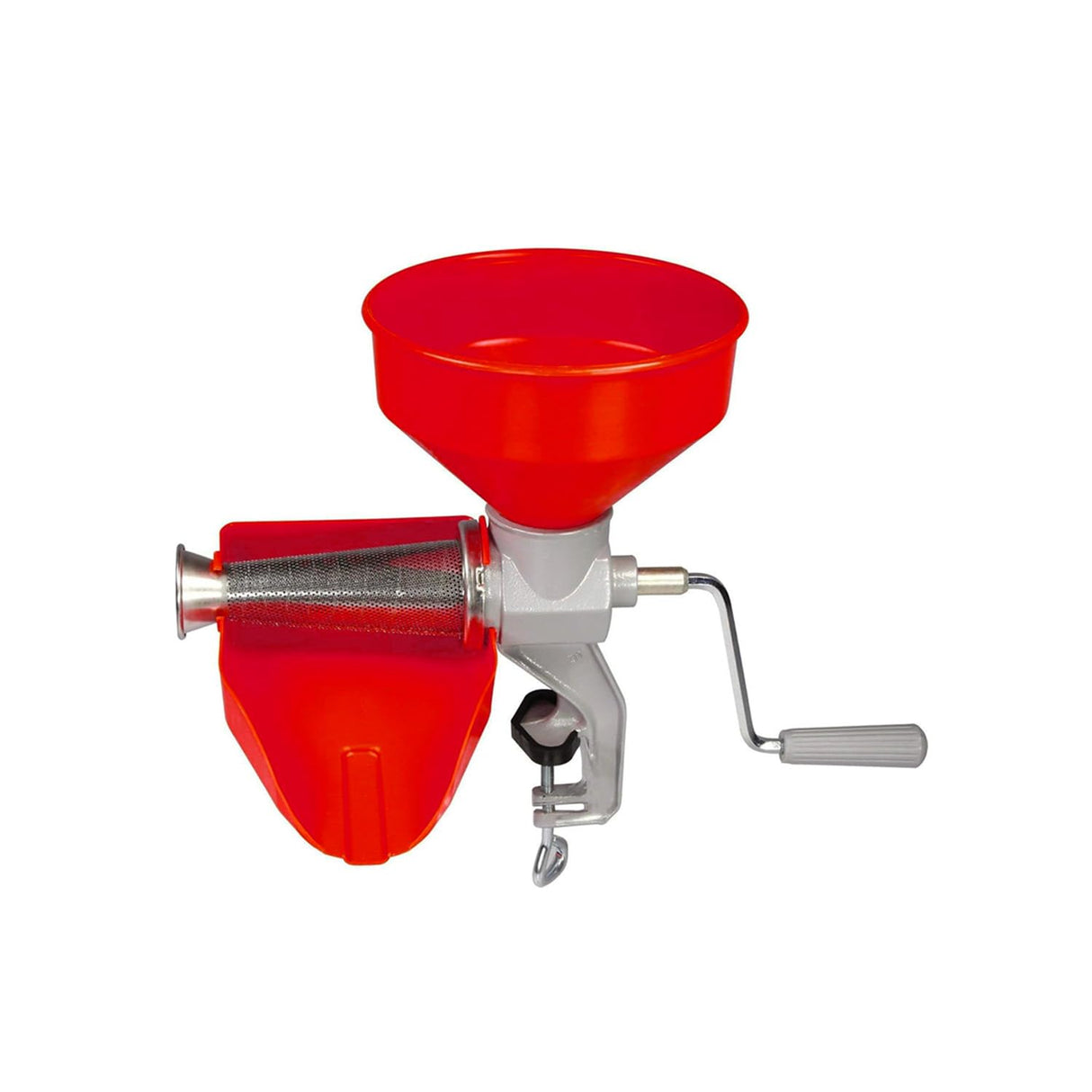 Wintem Exprimidor manual rojo 45 × 28,5 × 37 cm – Hecho de hierro fundido y acero inoxidable es resistente y duradero – Hélice eje tomate de resina acetálica resiste más de 220 °C – Fijación con