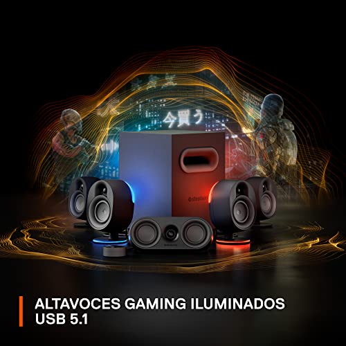 SteelSeries Arena 9 - Altavoces gaming 5.1 – Sonido envolvente USB 5.1 – Altavoces traseros inalámbricos – Diseño de altavoces de 2 vías – Subwoofer – Iluminación RGB reactiva – USB, Bluetooth