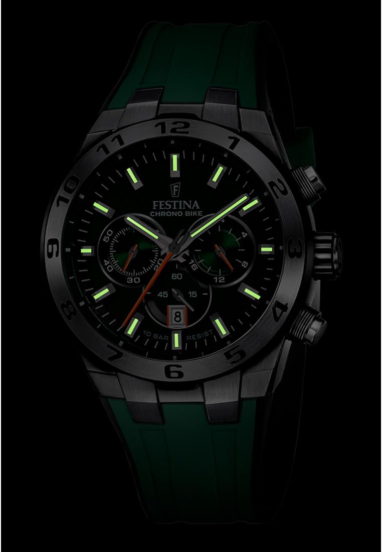 Festina Reloj Hombre F20671/2 Chrono Bike Caja de Acero Inoxidable 316l Plateado Correa de Caucho Verde