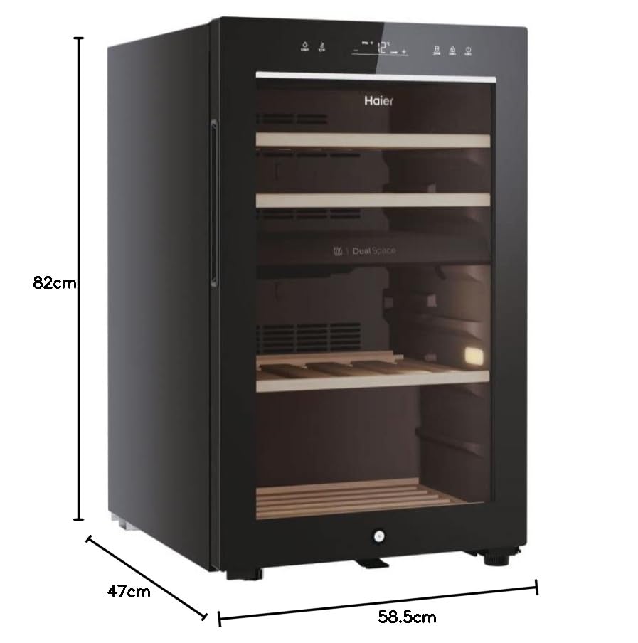Haier Wine Bank 50 Series 7 HWS42GDAU1- Vinoteca de 42 botellas, Estantes de madera, Filtro Anti-UV, Filtro de carbón, Refrigeración por Compresor, Display Digital, Iluminación LED, Silenciosa 37 dbA