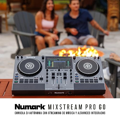 Numark Mixstream Pro Go - Controlador DJ portátil, batería, mezclador con separación de stems, altavoces, streaming wifi, pantalla táctil y Serato DJ