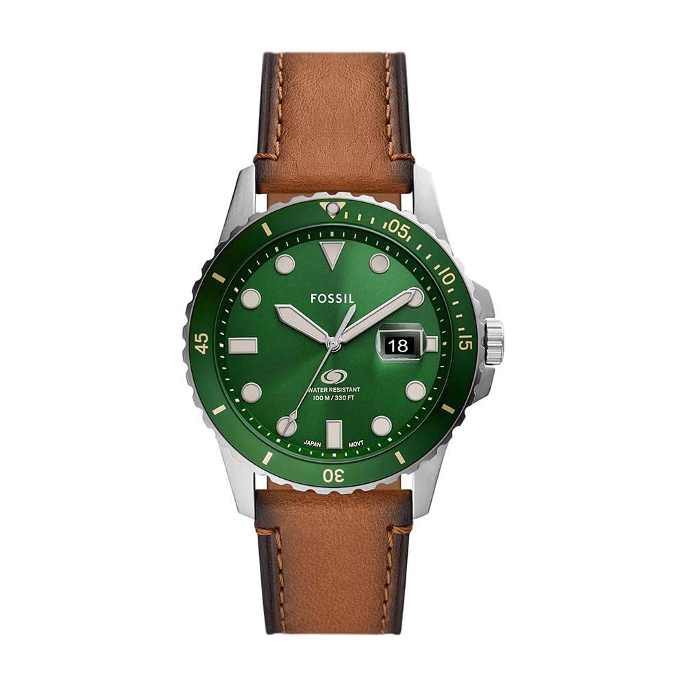 Fossil Reloj para hombre Azul, movimiento de cuarzo, caja de 42mm de acero inoxidable plateado con correa de piel Pro-Planet, FS5946, Verde