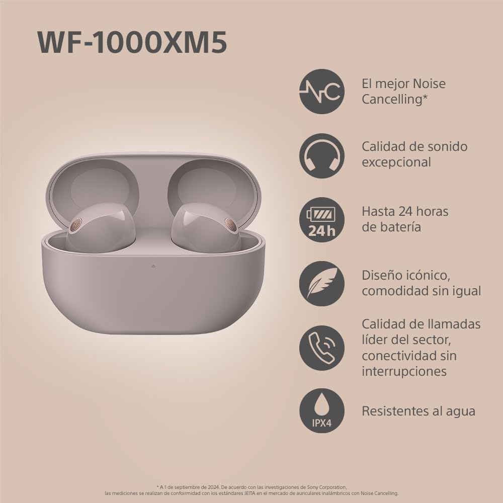 Sony WF-1000XM5 Auriculares In-Ear Inalámbricos, Noise Cancelling, Bluetooth, Micrófono, hasta 24 Horas de Batería, Carga Rápida, IPX4, Alexa y Google Assistant, iOS y Android, Rosa Palo