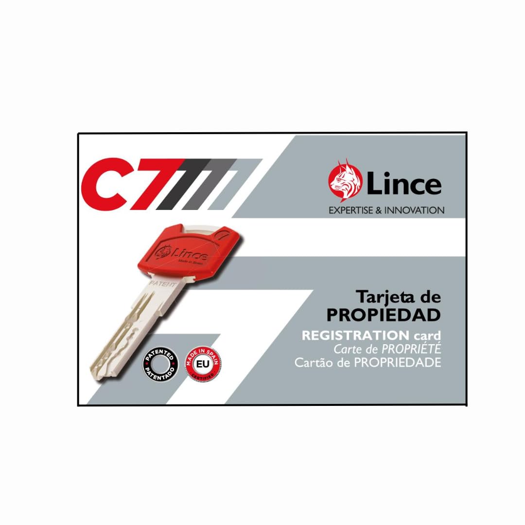 Cilindro de alta seguridad LINCE C7 L30+60, triple bloqueo patentado, anti-golpes, anti-rotura, función desbloqueable (antipánico), 5 llaves reversibles, certificado EN 1303:2016.