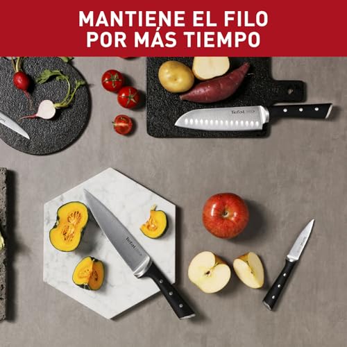 Tefal Ice Force – Bloque de 7 cuchillos: Pan 20 cm, Chef 20cm, Santoku 18 cm, Universal 11cm, Pelar 9cm | Acero Inoxidable Alemán, Corte Preciso, Mango Remachado, Resistente a la Corrosión