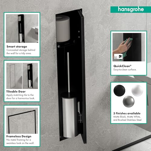 hansgrohe XtraStoris Rock, escobillero baño empotrado con repisa y puerta alicatable, nicho de pared baño, escobilla wc empotrada, escobilla baño empotrada, accesorios baño, negro mate, 56060670