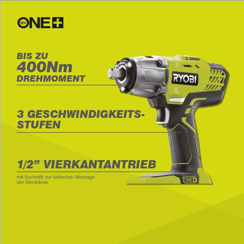 RYOBI - Llave de Impacto Eléctrica Sin Cable 18V ONE+ 3 Modos 180/240/400 Nm - Cuadradillo 1/2", Adaptador Hexagonal 1/4", 3 Llaves de Vaso, 1 Batería Li+ 2,0 Ah, Cargador 2,0 A, Bolsa - R18IW3-120S3