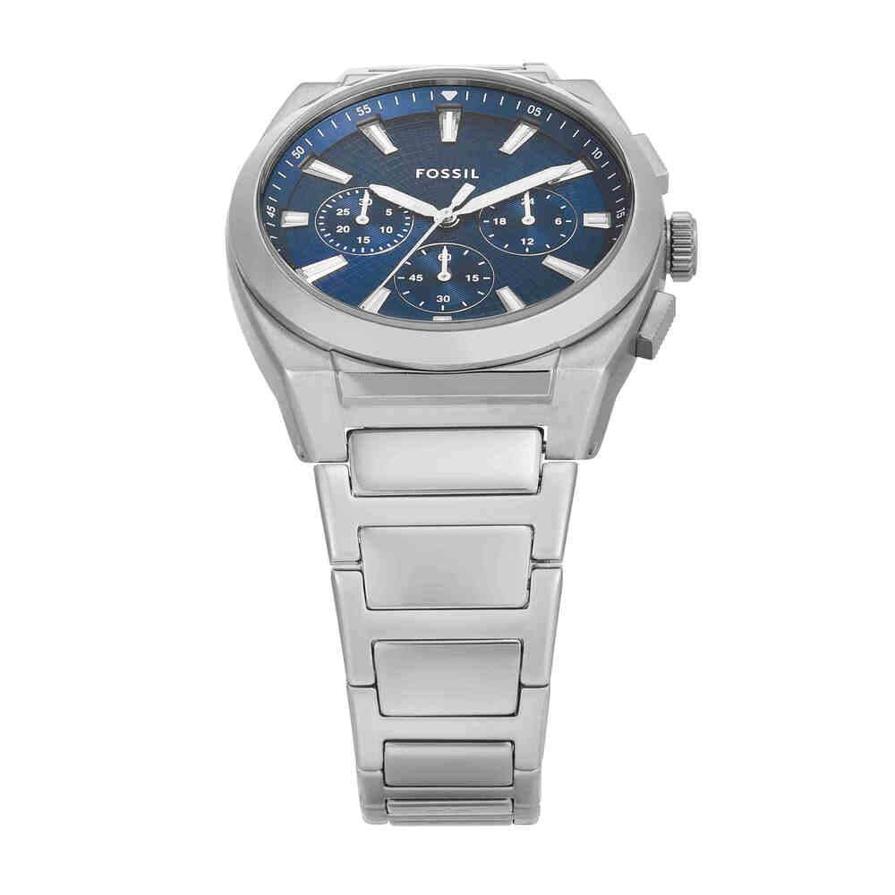 Fossil Reloj Everett para Hombre, Movimiento Cronógrafo Cuarzo con Correa de Piel o Acero, Gris y Azul