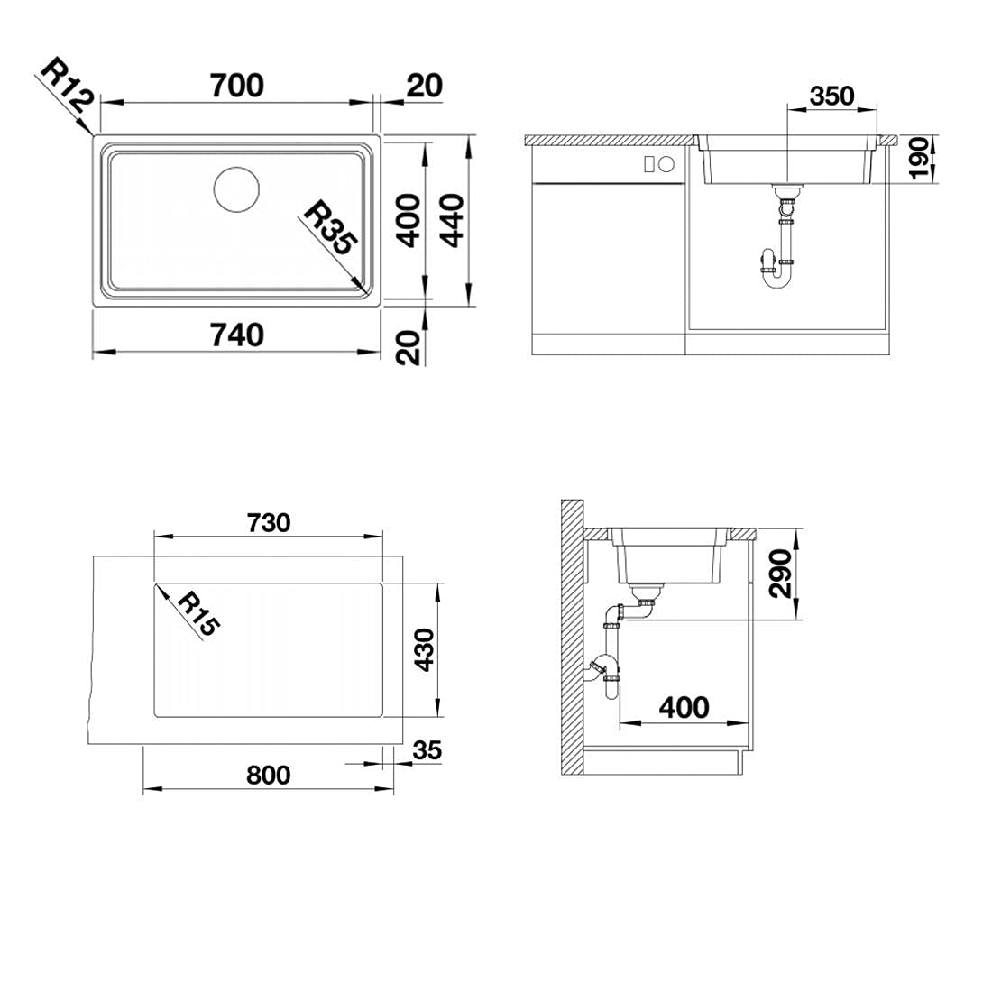 Blanco 524272 Fregadero de cocina de acero inoxidable, 80 cm Unterschrank