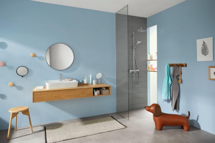 hansgrohe Croma E - sistema de ducha con termostato, ducha lluvia (280 x 170 mm) con grifo, ducha de mano (3 tipos de chorro), flexo, barra, ducha fija rectangular (1 tipo de chorro), cromo