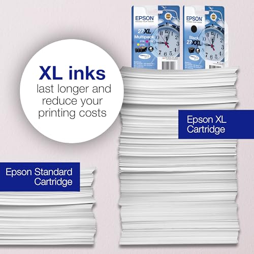 Epson Reloj despertador Multipack 27XL, cartuchos de tinta XL originales de alta capacidad, cian, magenta, amarillo, WF-3620DWF/WF-3640DTWF/WF-7110DTW/WF-7210DTW/WF-7610DWF/WF-7620DTWF/WF-7710DWF/WF-7710DWF/WF-7715DWF/WF-7720DTWF