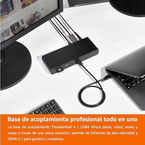 Amazon Basics Estación de acoplamiento compatible con Thunderbolt 4/USB4 Pro, 2 TBT4, 1 HDMI 2.1, 3 USB A 3.1, RJ45, pantalla dual, Negro, 19,96 x 7,5 x 3,12 cm