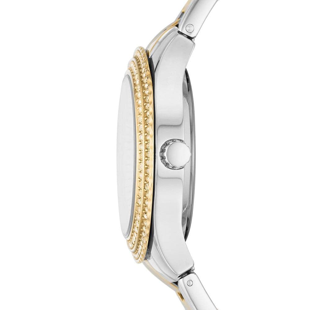 Fossil Stella Reloj para mujer, movimiento de cuarzo con correa de acero o piel, Tono plateado y dorado con purpurina, 30MM
