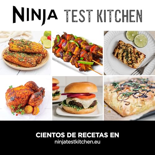 Ninja 5 en 1 Freidora de aire y parrilla de interior, 5 funciones de cocción sin humo, cocina hasta 4 hamburguesas, capacidad de 5,7 l, incluye termómetro digital para carne, negro/plata, EG351EU