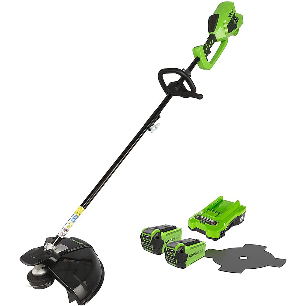 Greenworks 40V Desbrozadora a Batería, Motor sin Escobillas, Arnés, Altura Regulable, Ancho Corte 40 cm, Hilo Nylon 2 mm o Cuchilla 25 cm, 2 x Baterías 40 V y Cargador, 3 Años de Garantía GD40BCK2X
