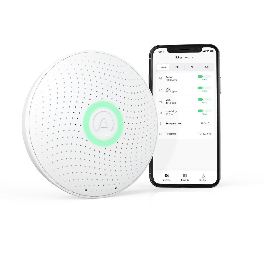 Airthings 2930 Wave Plus: monitor de radón y de la calidad del aire con detector de CO2, COV, presión de aire, humedad y temperatura