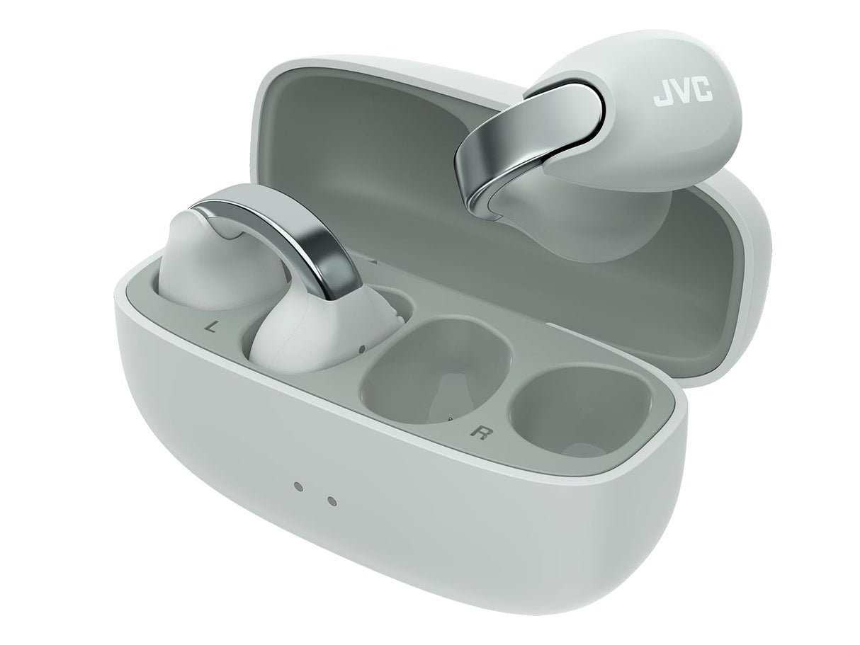 JVC Auriculares Inalámbricos Bluetooth | 24h de Batería y Carga Rápida | Oido Abierto | Ligeros y Resistentes al Agua | Ideales para el Deporte con IPX4 y Control Táctil - HA-NP1T Gris