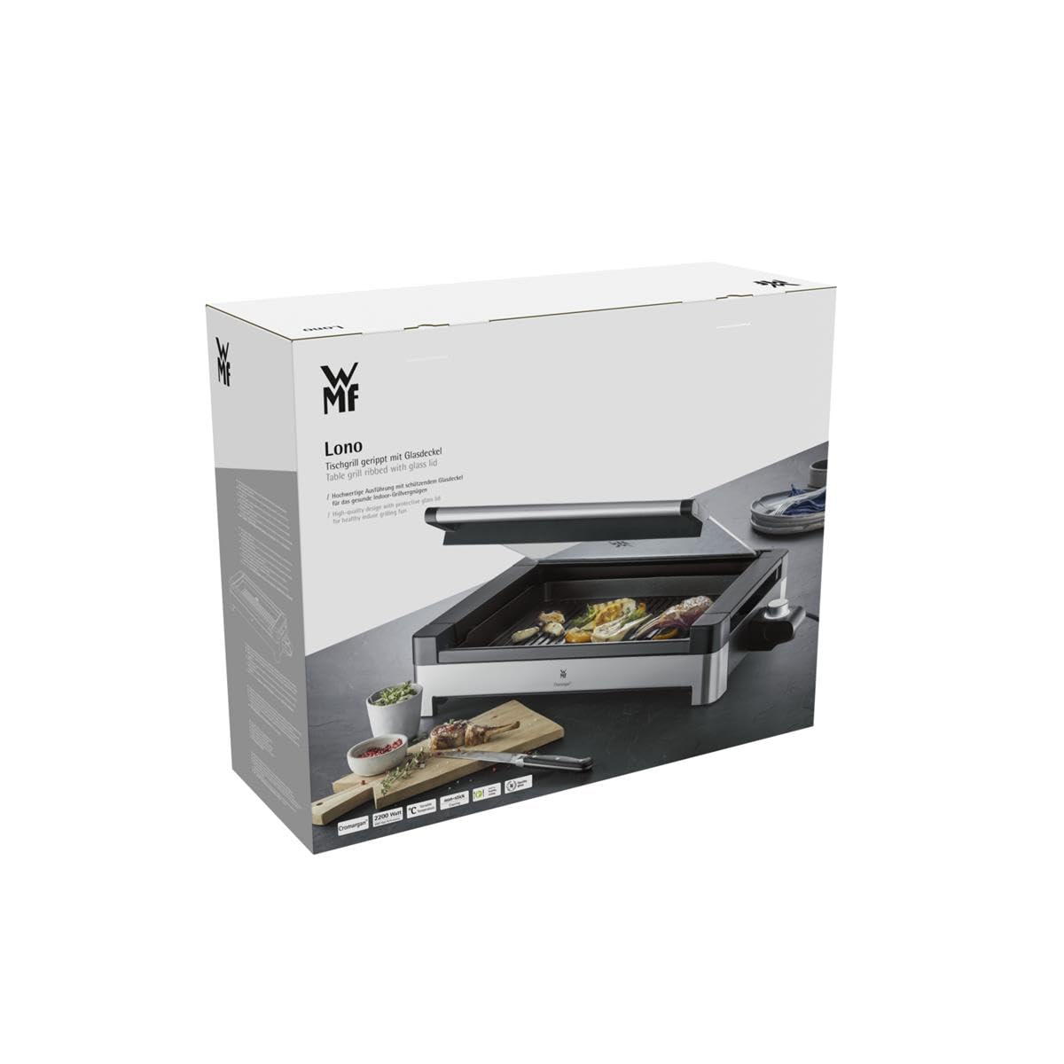 WMF Lono - Grill sobremesa con tapa de cristal y Barbacoa 2200 W, acero inoxidable mate, placa de parrilla recubierta, antiadherente