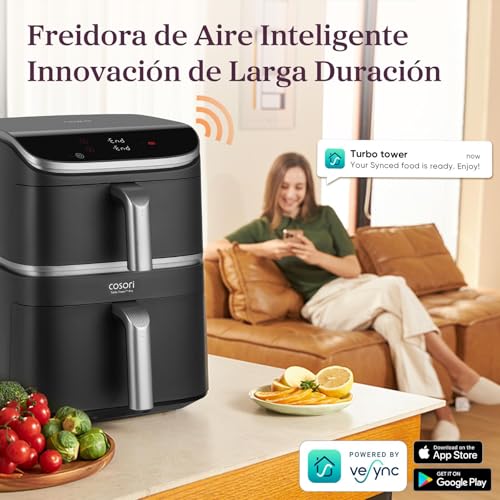 Cosori Turbo Tower Pro Smart Freidora de Aire 10.8L 2630W, Revestimiento Cerรกmico Seguro y Doble Cesta, Tecnologรญa Avanzada con Motor DC y Dual Blaze, Ahorro de Energรญa y Mรกs Rรกpida, 7 Funciones