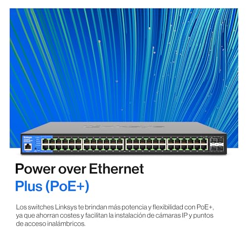 Linksys LGS352MPC-EU switch PoE+ de red Gigabit de 48 puertos a 740 W con 4 ranuras SFP+ 10G de subida, conmutador Ethernet administrado inteligente con carcasa metálica y montaje de sobremesa/pared