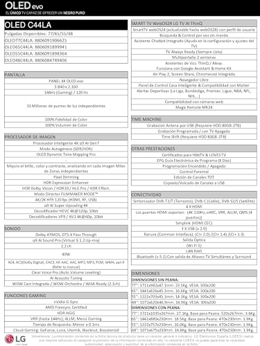 LG OLED55C44LA.AEU, 55", OLED 4K, Serie C4, 3840x2160, Smart TV, WebOS24, Procesador a9, Dolby Vision, Dolby Atmos, TV Gaming, 144 Hz, AMD FreeSync, Negro