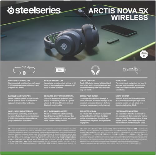 SteelSeries Arctis Nova 5X Cascos Xbox Inalámbricos - Xbox, PC, Switch 2, móvil - Controladores magnéticos de neodimio - Más de 100 preajustes - Batería de 60 horas - 2,4 GHz o BT - Micro Gen2.X