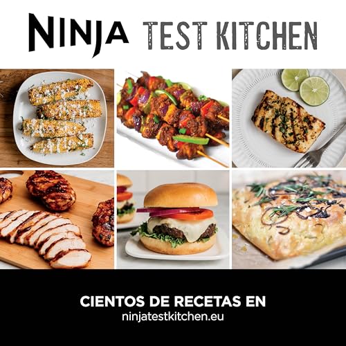 Ninja MAX 6 en 1 Freidora de aire y parrilla de interior, 6 funciones de cocción sin humo, cocina hasta 6 hamburguesas, capacidad de 3,8 l, incluye termómetro digital para carne, gris/plata, DG551EU