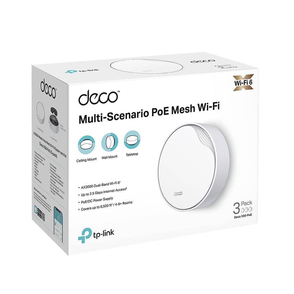 TP-Link Deco X50-PoE(3-Pack)- AX3000 Dual Band Wi-Fi 6 Mesh, Soporta alimentación PoE y DC, Puerto 2.5Gbps, Alcance hasta 600m², WPA3, Ideal para Casas Grandes