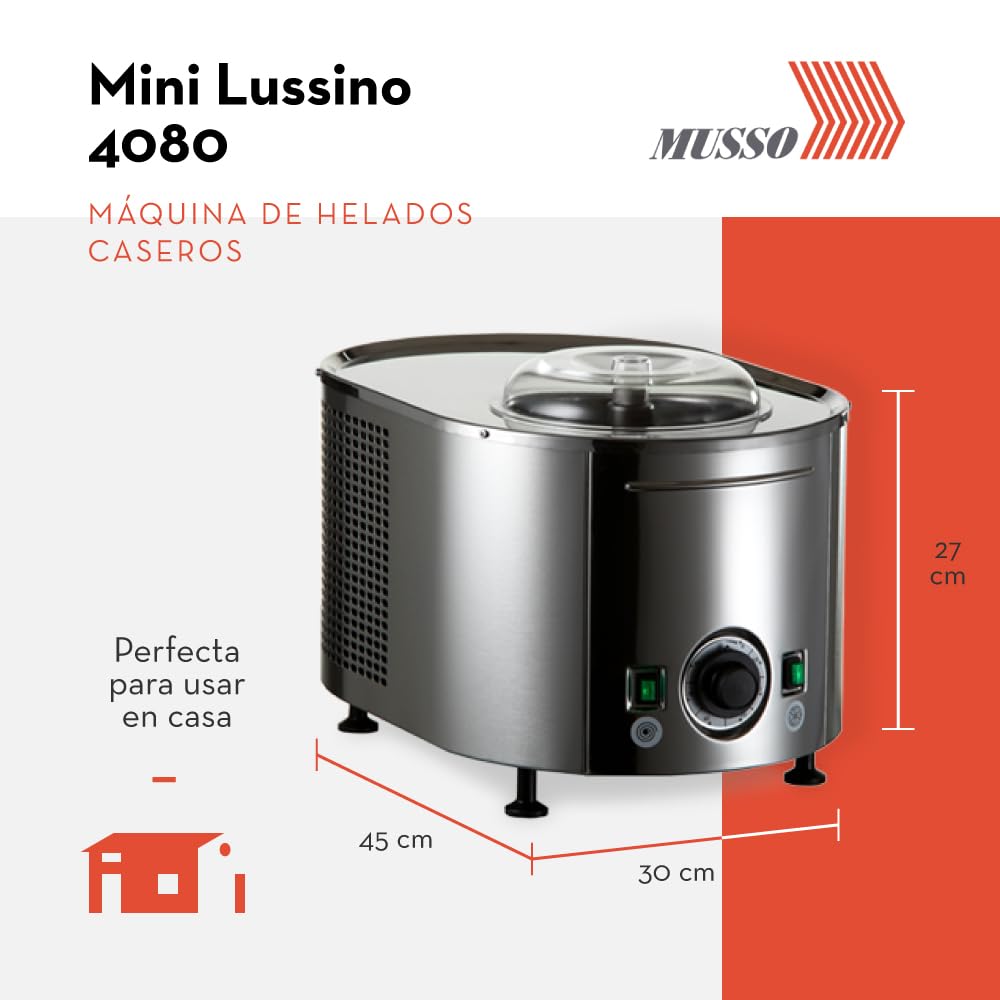 Musso Mini Lussino 4080 Máquina de Helados Casera - 0,75 l de Helado en 30 Minutos - Heladora Italiana para Casa | Heladera para Hacer Helado, Gelato, Sorbete, Granizado | Robusta y Fácil de Usar