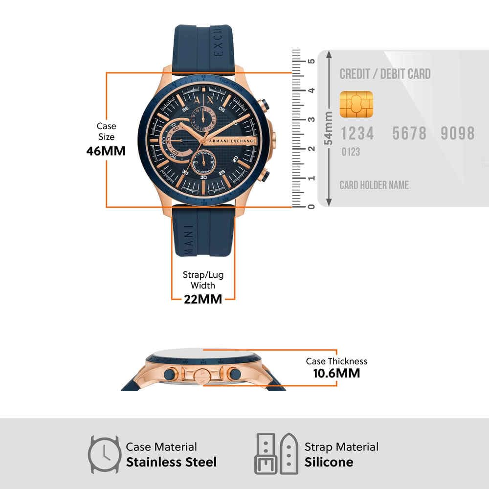 Armani Exchange Orologio da uomo, Movimento cronografo al quarzo e cassa da 46 mm con cinturino in silicone, Tono oro rosa y azul oscuro