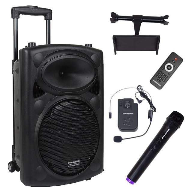 DYNASONIC - Dynapro 12’ (Segunda Generación) Altavoz portátil Sistema Audio Profesional Potencia 700W - USB Bluetooth Radio FM Micrófonos, Negro - Soporte para Dispositivos movil y Tablet