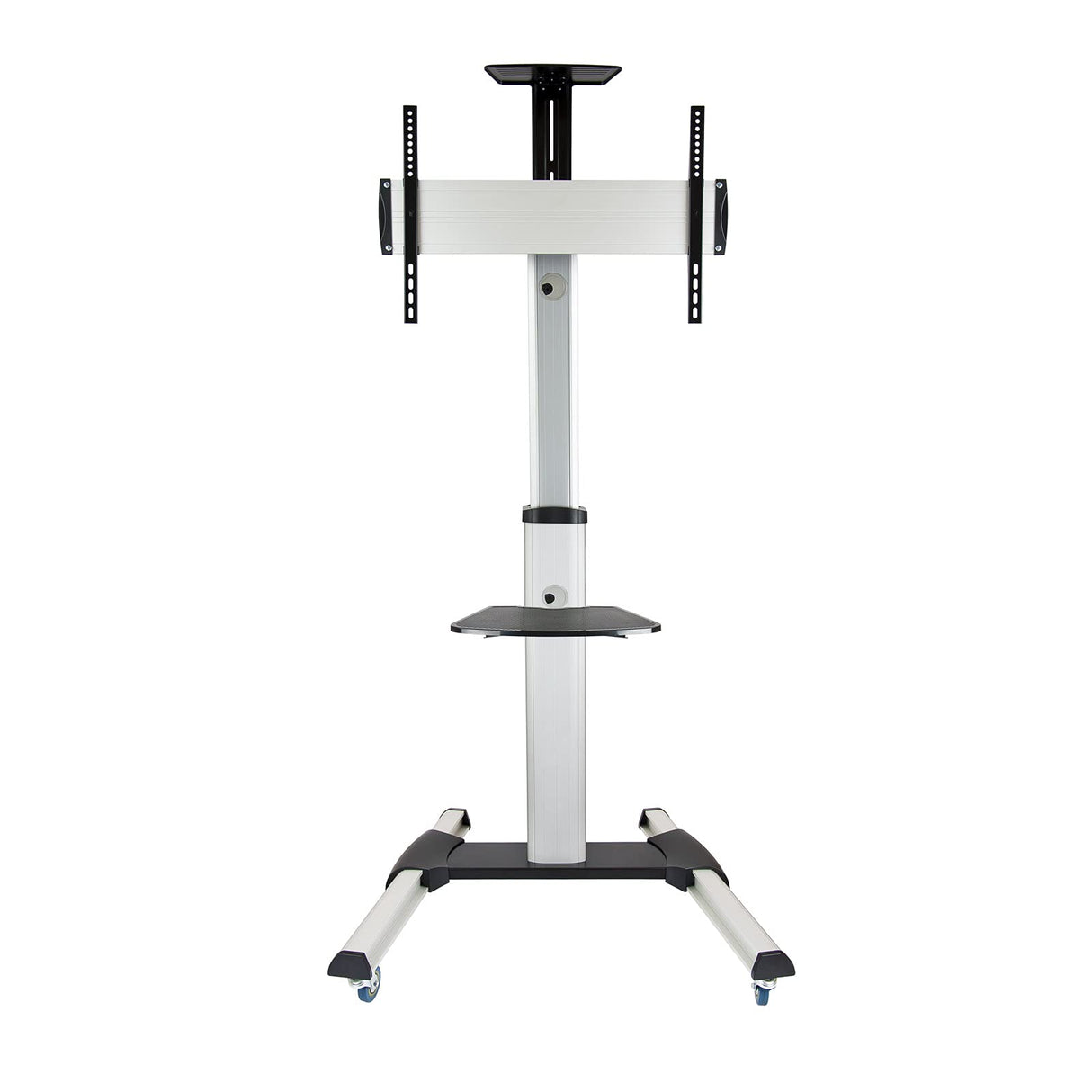 Soporte de suelo con ruedas para TV de posición horizontal o vertical, compatible con pantallas de 37 a 70 pulgadas. Ideal para ajustar el ángulo de visión y facilitar el traslado.