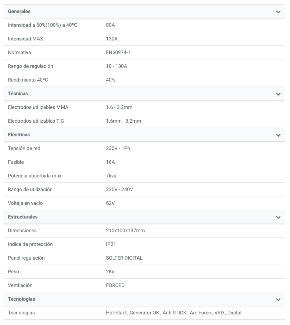 Solter Inverter PRACTICO 130 - Soldador Portátil 130A - Tecnología Inverter - MMA/TIG por Raspado - Regulación Digital - Ligero 2Kg - Incluye Maletín y Accesorios - Compatible con Generadores