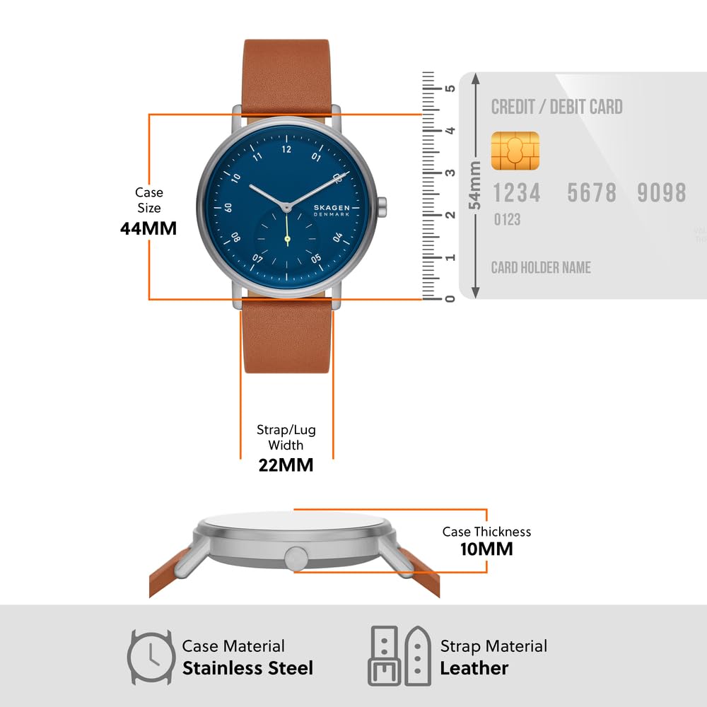 Skagen Kuppel Reloj para Hombre, Movimiento cronógrafo de Cuarzo con Correa de Acero Inoxidable o Piel, Marrón y Azul, 44MM