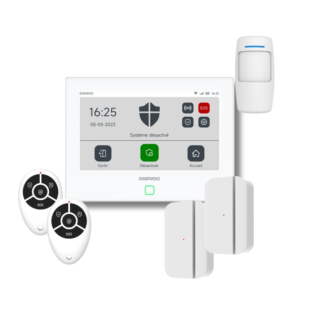 Daewoo Security Pack Alarma AM302, Central de Pantalla táctil de 7 Pulgadas, Detector de Movimiento Apto para Animales, contactores de Puerta y Mando a Distancia. Sirena y batería integradas. Control