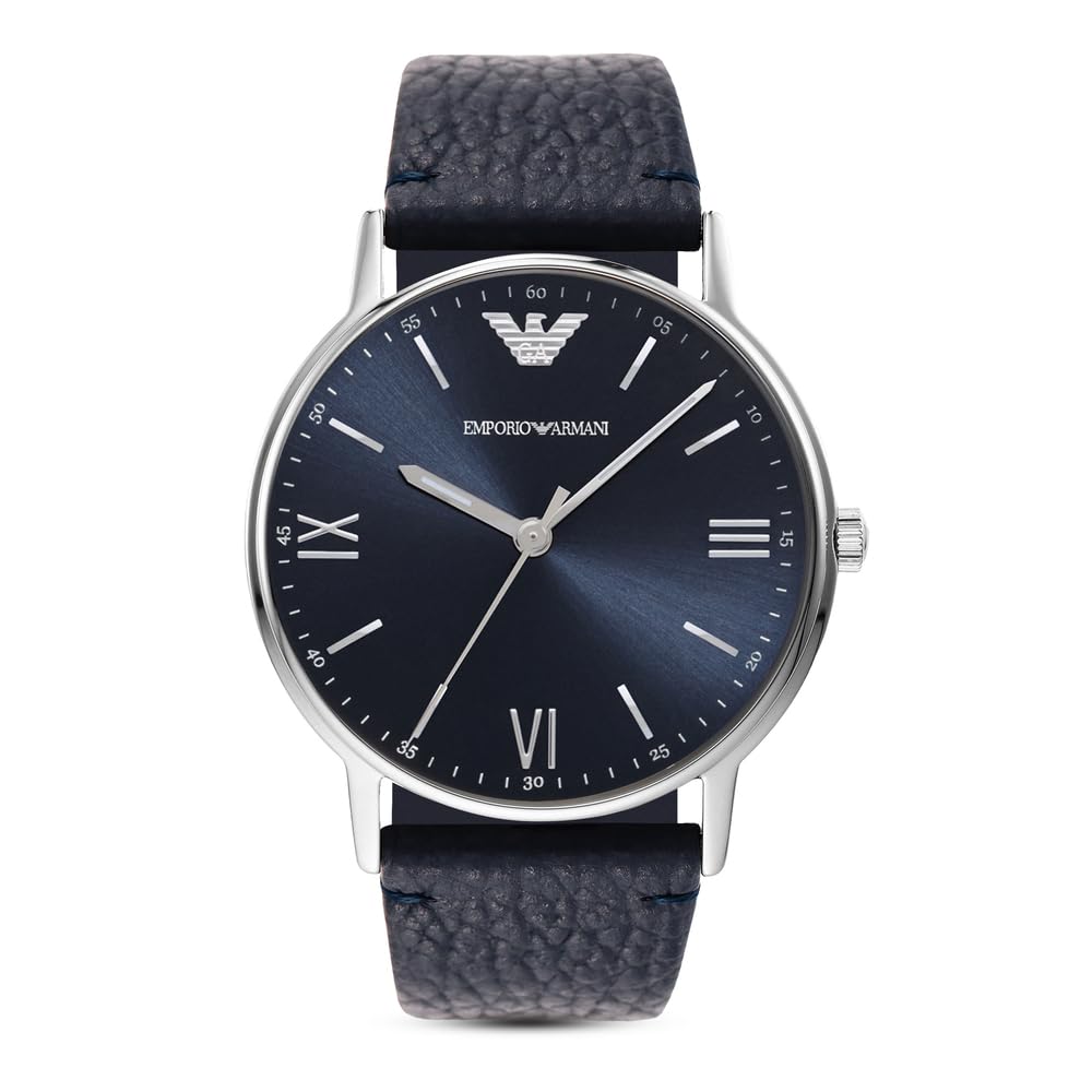 Emporio Armani Reloj para hombre, movimiento de tres manecillas, caja de acero inoxidable plateado de 41 mm con correa de piel, AR11012, Tono azul y plateado