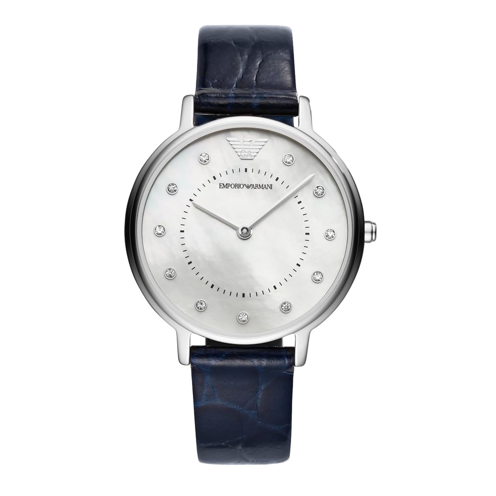 Emporio Armani Reloj de mujer, movimiento de dos manecillas, caja de acero inoxidable plateado de 32 mm con correa de piel, AR11095, Azul marino y blanco roto